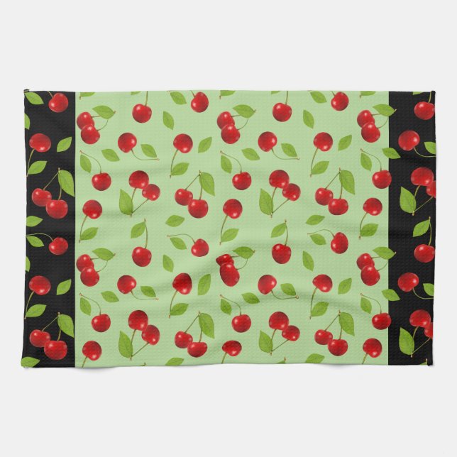 Mycket Cherry Dishtowel - i grönt Kökshandduk (Horisontell)