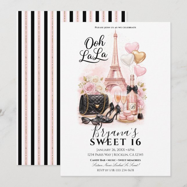 Mycket Chic i staden Rosa Paris Sweet 16-fest Inbjudningar (Fram/baksida)