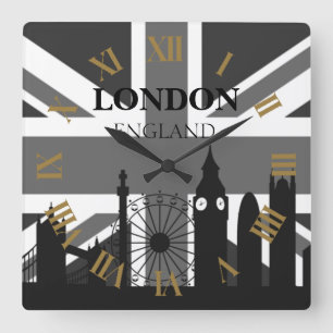 Mycket cool trendig svart grå London Union Jack Fyrkantig Klocka