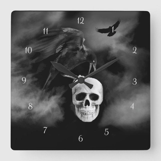 Mycket Coola Gothic Stil Raven och Skull Samhain Fyrkantig Klocka (Framsida)