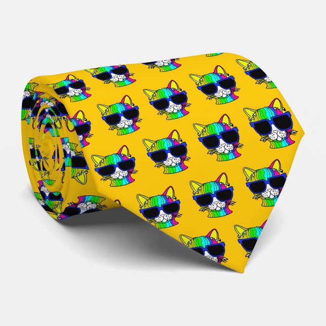 Mycket Coola Rainbow Cat Mönster på Gult Slips (Rullad)