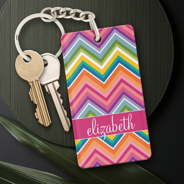 Mycket färgstark Chevron Mönster med Namn (Personalized Keychain - add a monogram or name)