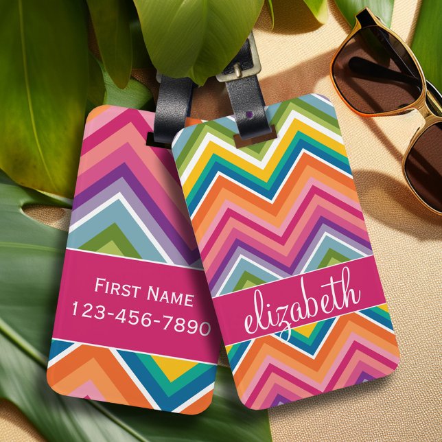 Mycket färgstark Chevron Mönster med Namn Bagagebricka (Personalized luggage tag with monogram)