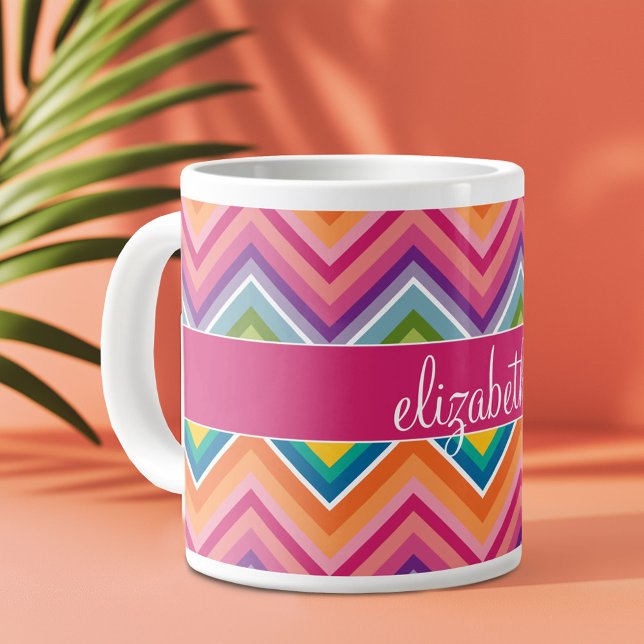 Mycket färgstark Chevron Mönster med Namn Jumbo Mugg (Personalized mug)