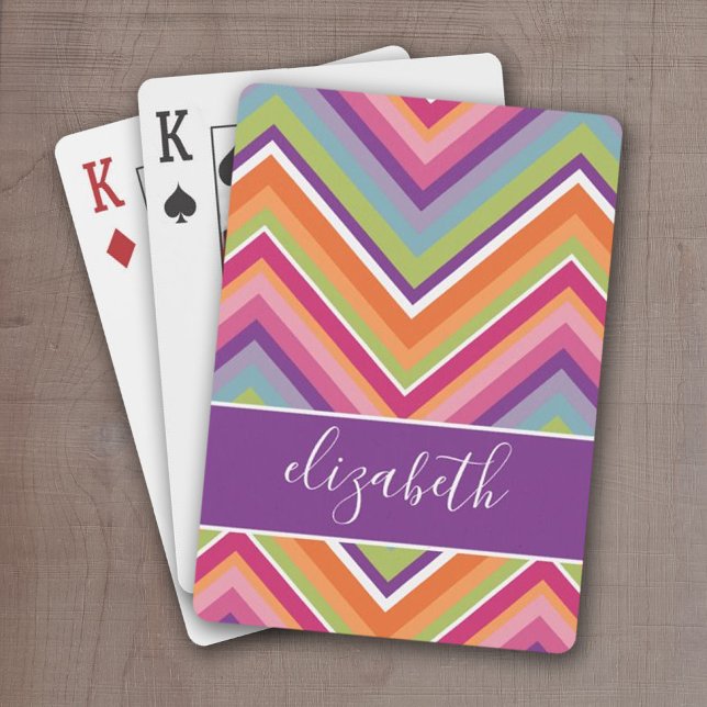 Mycket färgstark Chevron Mönster med Namn lila Casinokort (Personalized playing cards - colorful chevron pattern)