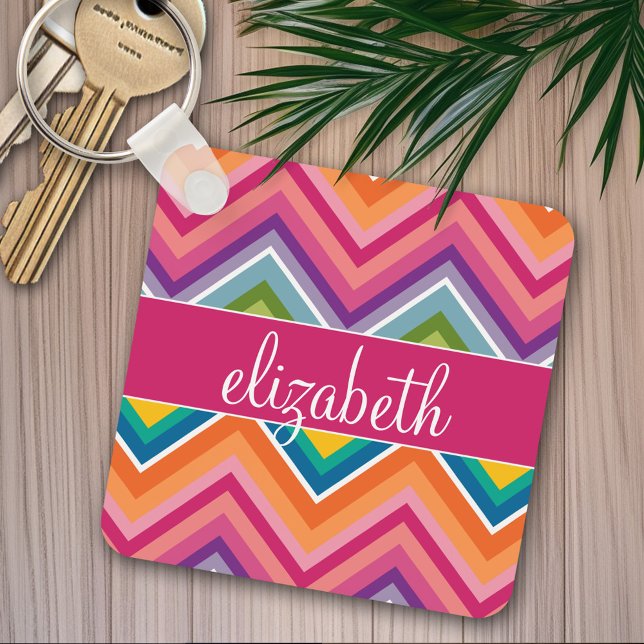Mycket färgstark Chevron Mönster med Namn Nyckelring (Personalized keychain - Add Name)