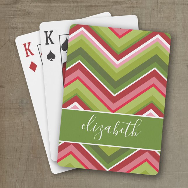 Mycket färgstark Chevron Mönster med röd Namn-grön Casinokort (Personalized playing cards with an area for text such as a name or monogram)