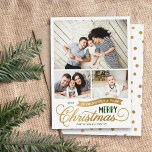 Mycket God jul Script 3-foto Julkort<br><div class="desc">Prisvärda anpassningsbar tryckte ut julfotokort med en enkel DIY-mall för anpassning. Den här roligten är utformad med vit typografi i grönt och faux guld foil. Budskapet löd: "Önskar dig mycket God jul". Mallen har plats för tre familjefotografier. Använda verktyg för att redigera typsnitt och färg. På motsatt sida finns en...</div>