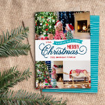 Mycket God jul Script 3-foto Julkort<br><div class="desc">Prisvärda anpassningsbar tryckte ut julfotokort med en enkel DIY-mall för anpassning. Den här roligten är utformad med vit typografi i turkos, marinblått och rött färg. Budskapet löd: "Önskar dig mycket God jul". Mallen har plats för tre familjefotografier. Använda verktyg för att redigera typsnitt och färg. Omvänd sida har ett samordnat...</div>