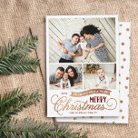 Mycket God jul Script 3-foto Julkort<br><div class="desc">Prisvärda anpassningsbar tryckte ut julfotokort med en enkel DIY-mall för anpassning. Den här roligten är utformad för vit typografi i burgundy- och faux-folie ro guld. Budskapet löd: "Önskar dig mycket God jul". Mallen har plats för tre familjefotografier. Använda verktyg för att redigera typsnitt och färg. På motsatt sida finns en...</div>