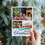 Mycket God jul Script 3-foto Julkort<br><div class="desc">Prisvärda anpassningsbar tryckte ut julfotokort med en enkel DIY-mall för anpassning. Den här roligten är utformad med vit typografi i rött, marint blått och turkos färg. Budskapet löd: "Önskar dig mycket God jul". Mallen har plats för tre familjefotografier. Använda verktyg för att redigera typsnitt och färg. På motsatt sida finns...</div>
