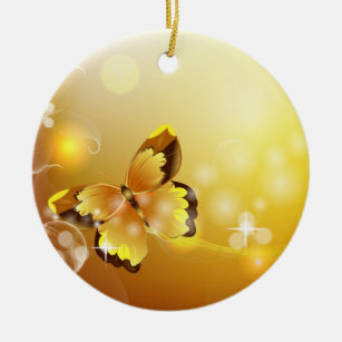Mycket gult, fjäril och bubblar julgransprydnad keramik
