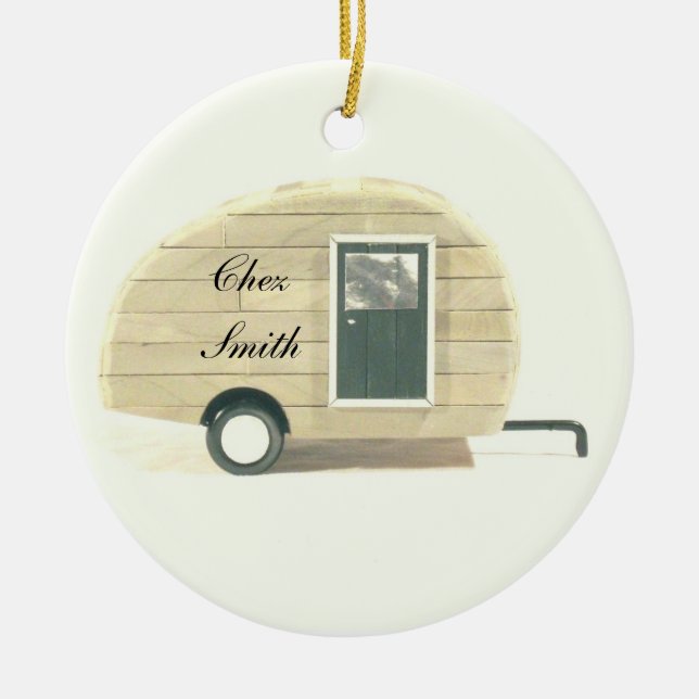 Mycket liten teardrophusvagncasa julgransprydnad keramik (Framsidan)