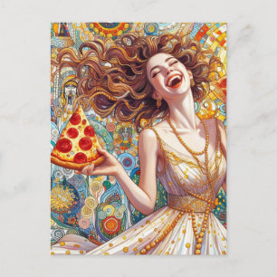 Mycket Lycklig kvinnor med Pizza Vykort