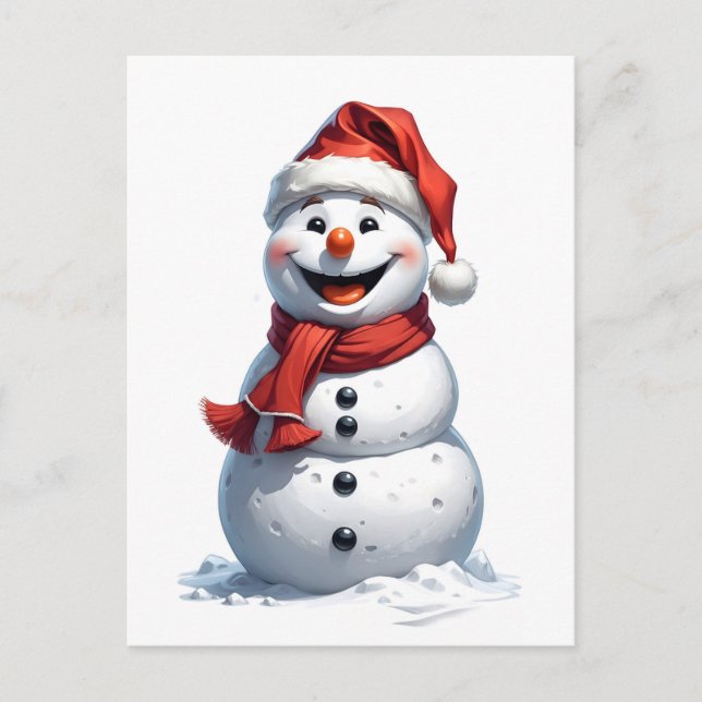 mycket lycklig snögubbe med julhatt vykort (Framsida)