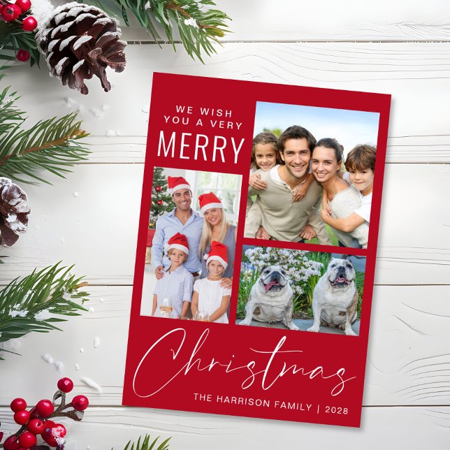 Mycket merry 3 Photo Red-jul Julkort (This holiday season, let your family's smiles and heartwarming memories shine on our 3 photo card)