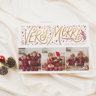 Mycket merry Guld Hand Lettering 3 Fotojul Julkort
