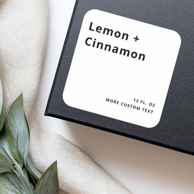 Mycket minimala vita etiketter (Very minimal square white product labels)