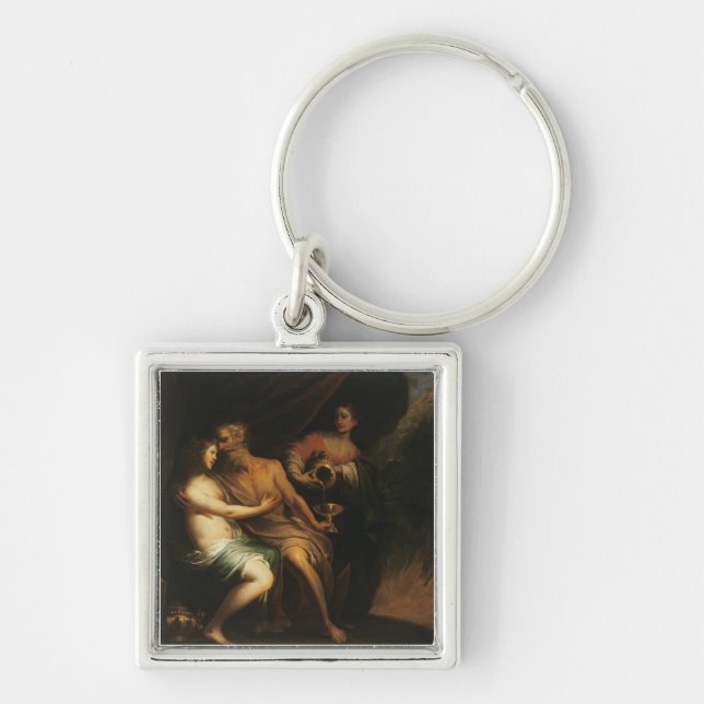 Mycket och hans döttrar (olja på kanfas) 3 fyrkantig silverfärgad nyckelring (Framsidan)