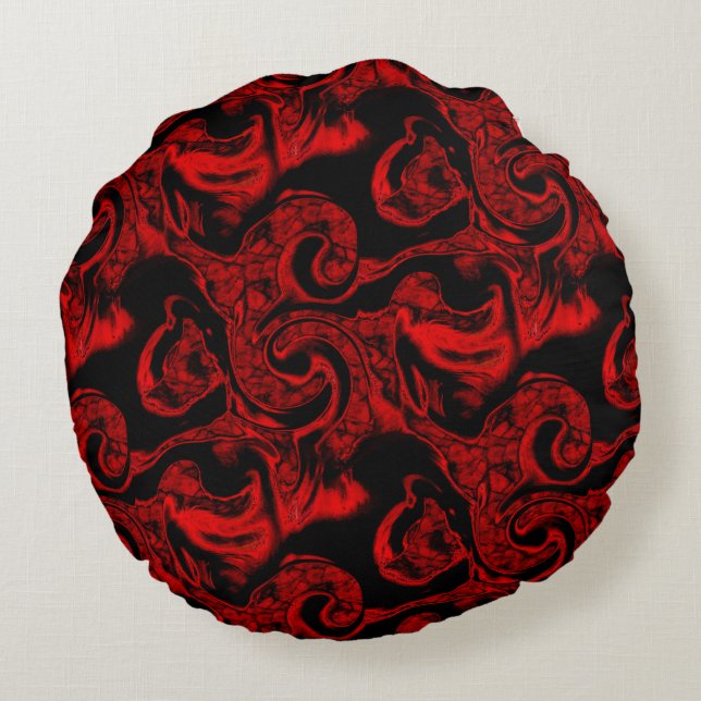 Mycket röda spiral-nedfläckader på svart bakgrund rund kudde (Baksidan)