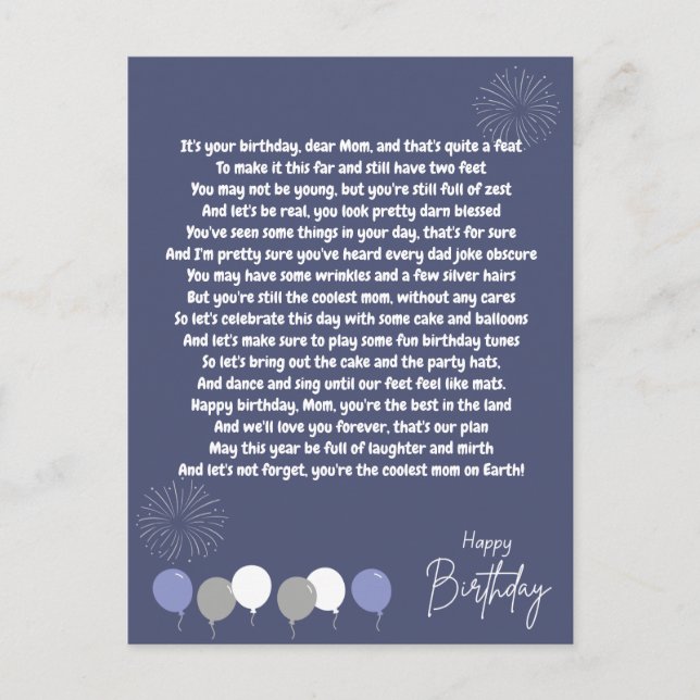 Mycket rolig födelsedagsdikt till mamma vykort (Framsida)