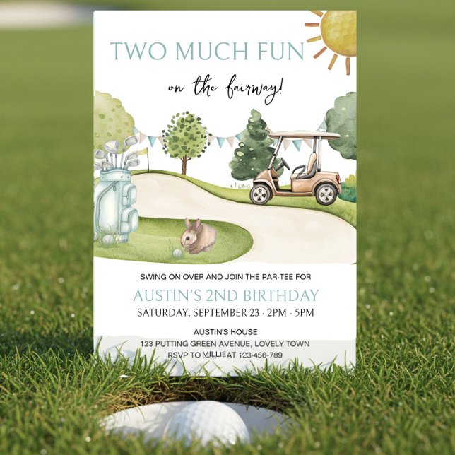 Mycket Roligt Golf tema 2-års Födelsedags-fest Inbjudningar (Two Much Fun on the Fairway - golf themed 2nd birthday party invitation)