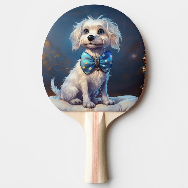 Mycket söt liten hund med blå fluga pingisracket (Framsidan)