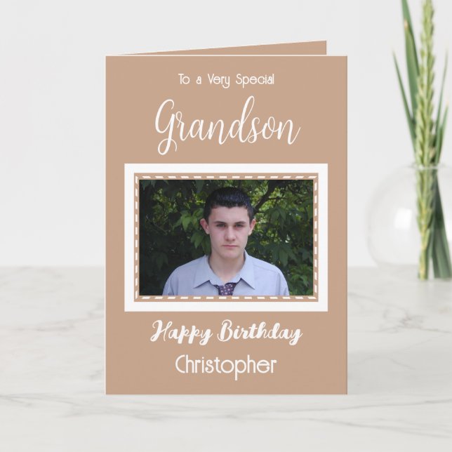 Mycket speciell Grandson-fotobruna födelsedag Kort (Framsida)