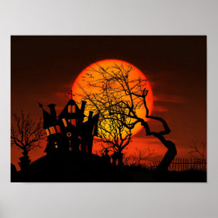 Mycket taoky Halloween Scene med Giant Måne Poster