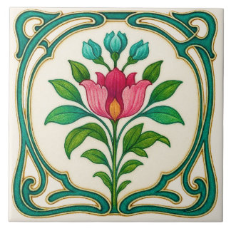 Mycket vacker Art Nouveau-stil blommande keramisk Kakelplatta