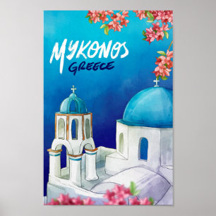 Mykonos Greece Art Watercolor Travel Illustration Poster