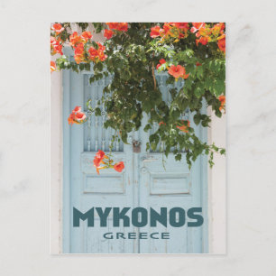 Mykonos Greece Door with Flowers Vykort