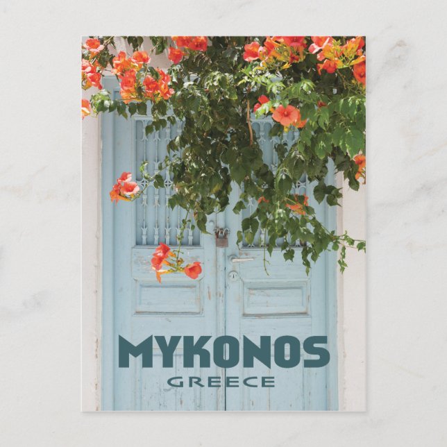 Mykonos Greece Door with Flowers Vykort (Framsida)