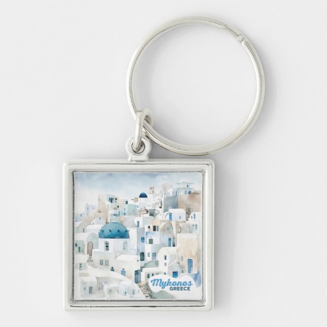 Mykonos Greece Fyrkantig Silverfärgad Nyckelring (Framsidan)