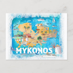 Mykonos Greece Illustrated Karta med huvudvägarna Vykort