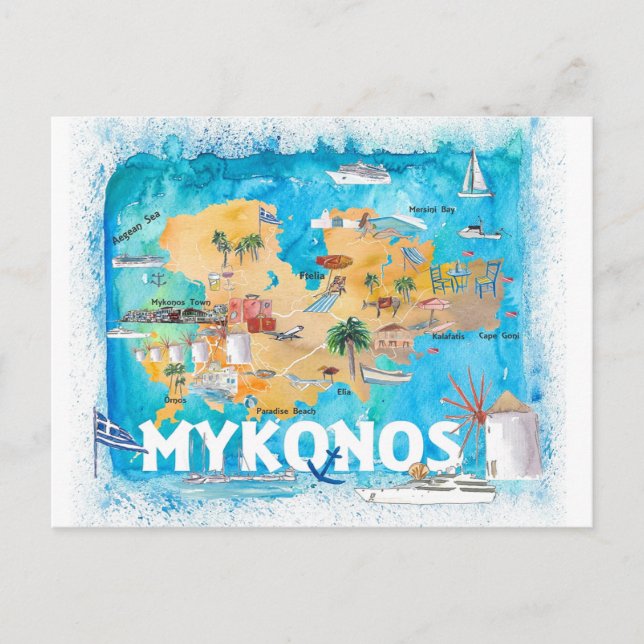 Mykonos Greece Illustrated Karta med huvudvägarna Vykort (Framsida)