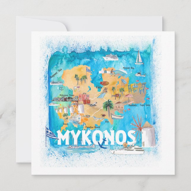 Mykonos Greece Illustrated Karta med Landmarks Kort (Framsida)