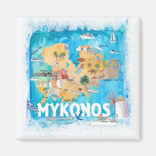 Mykonos Greece Illustrated Karta med Landmarks Magnet (Framsidan)