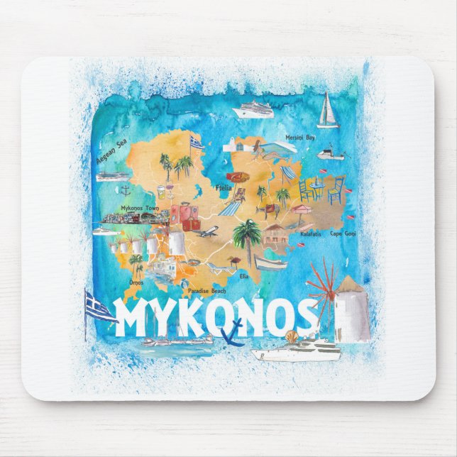 Mykonos Greece Illustrated Karta med Landmarks Musmatta (Framsidan)