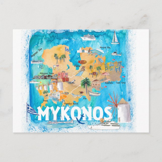 Mykonos Greece Illustrated Karta med Landmarks Vykort (Framsida)