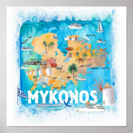 Mykonos Greece Illustrated Travel Karta Poster