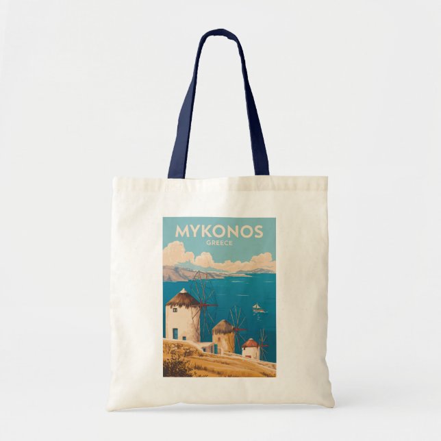 Mykonos Greece Illustration Travel Art Vintage Tygkasse (Framsidan)