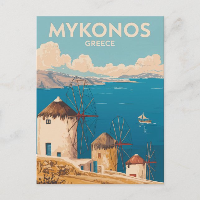 Mykonos Greece Illustration Travel Art Vintage Vykort (Framsida)