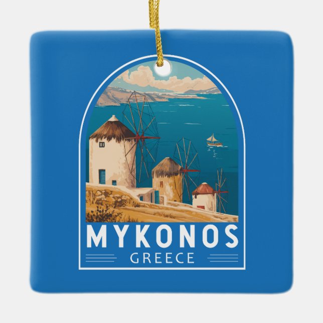 Mykonos Greece Travel Art Emblem Julgransprydnad Keramik (Framsida)