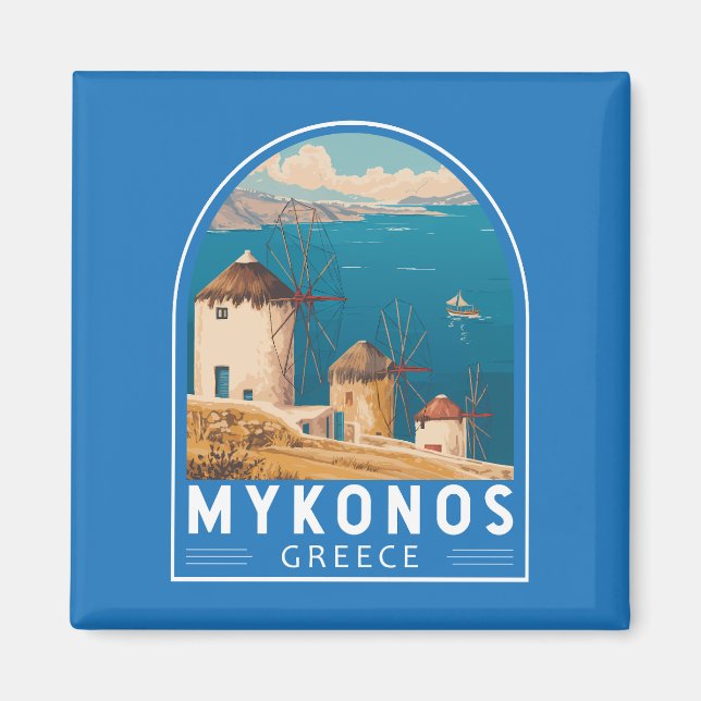 Mykonos Greece Travel Art Emblem Magnet (Framsidan)