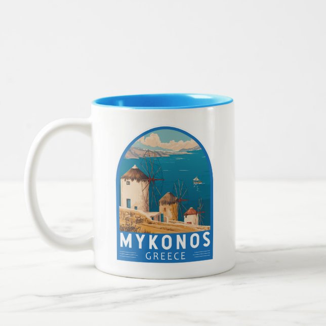 Mykonos Greece Travel Art Emblem Två-Tonad Mugg (Vänster)