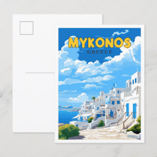 Mykonos Greece vintage resor illustration Vykort
