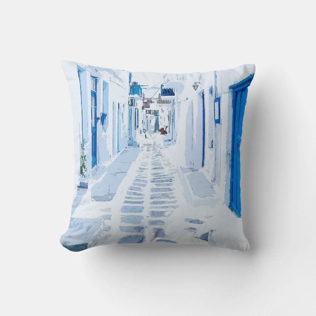 Mykonos Greece Watercolor Digital målning Kudde (Framsida)