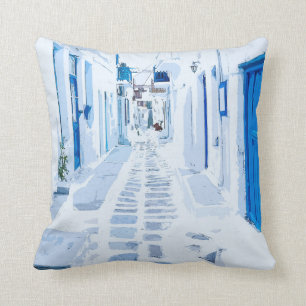 Mykonos Greece Watercolor Digital målning Kudde