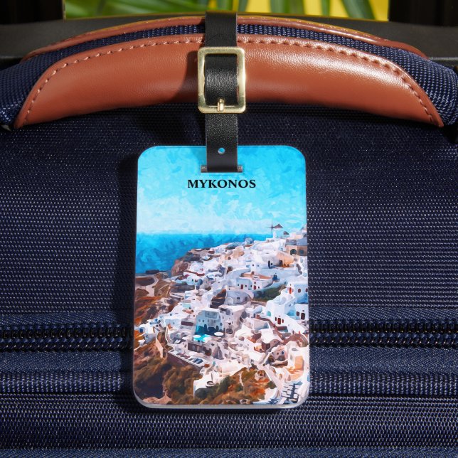 Mykonos Greece Watercolor Painting Bagagebricka (Framsida Insitu 2)